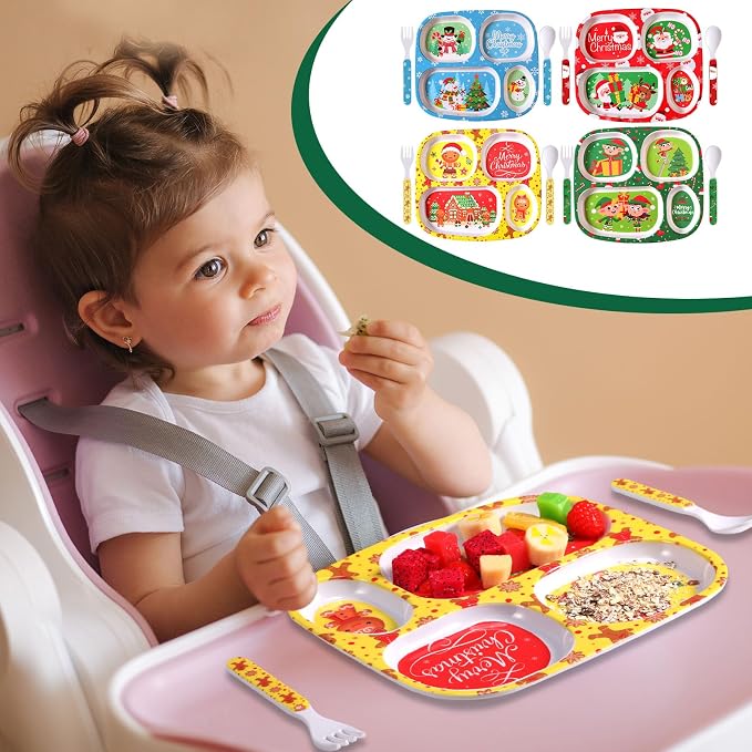 Jinei 4 Set Christmas Divided Dinnerware Set with Fork and Spoon Santa Gingerbread Man Xmas Dinner Plate Snowman Melamine Dinnerware Divided Plates Christmas Baby Feeding Dishes Dishwasher Safe