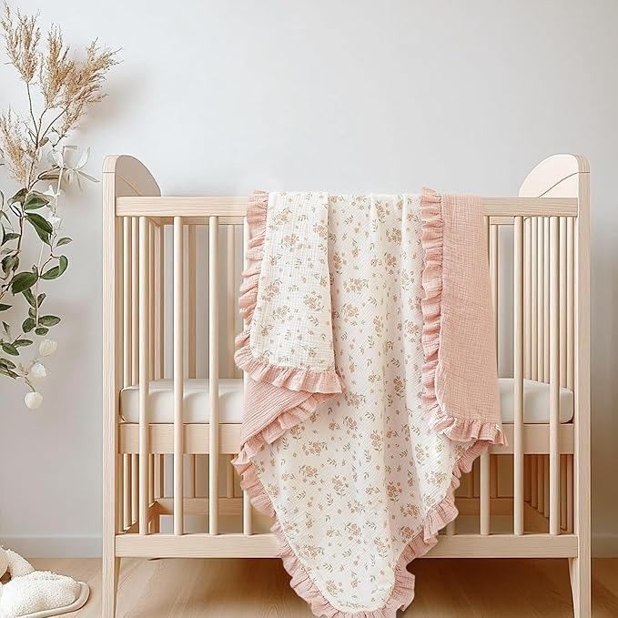 Konssy Flounce Muslin Baby Blanket for Girls Boys, 100% Cotton Soft Crib Swaddle Blankets, Reversible & Breathable Nursery Bedding for Newborns Toddlers, 40 x 36 Inches (Blossom)