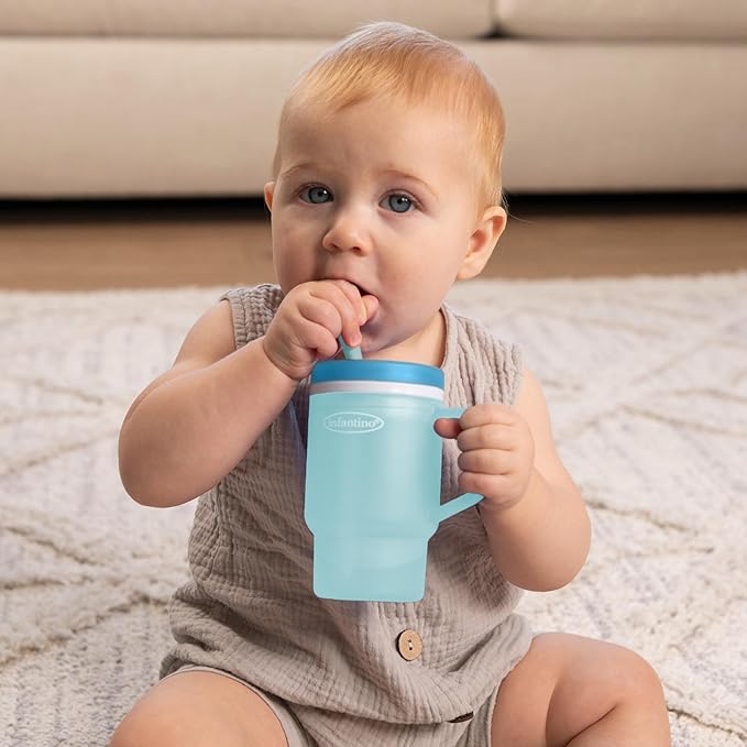 Infantino My 1st Tumbler, 10 Oz. Durable Plastic Sippy Cup with Straw & Handle, Spill-Resistant, for On-The-Go, BPA-Free Transition Baby Cup, Moody Blue