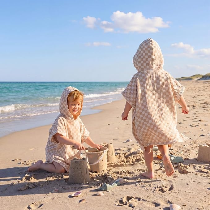 Frienda Muslin Hooded Beach Towel for Kids 0-3 Years Soft Muslin Bath Poncho for Baby Absorbent Fast Drying Blankets for Boys Girls Newborns Toddler Beach Pool Bath Essentials(Checkered, Brown, White)