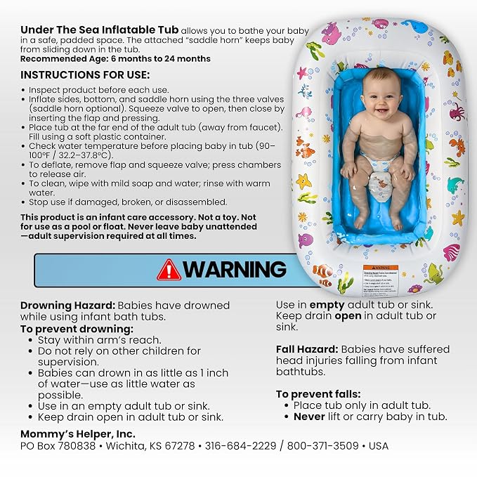 Mommy's Helper | Inflatable Under The Sea Baby Bathtub, Collapsible Safe Baby Bath Tub with Anti-Sliding Saddle Horn Seat, Must Have Travel Toddler Bath, Portable Bathtub Recommended Months 3 to 15