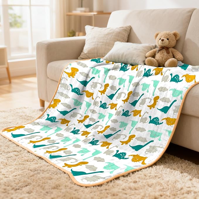 ZPECC Muslin Baby Blanket Thicker, 30x40 Organic Cotton Newborn Receiving Quilt Hypoallergenic for Baby Essentials Swaddle Crib Stroller, Dinosaur