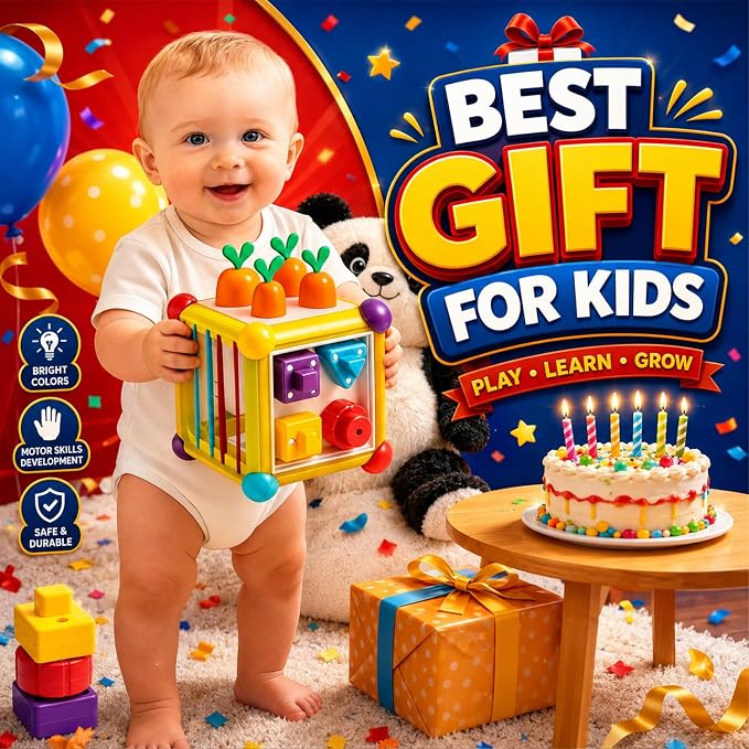 Montessori Activity Cube Toys for Toddlers, Sensory Carrot Shape Blocks and Educational Early Development Toy for Baby 1-3, Developmental Infant 1st Birthday Gifts.