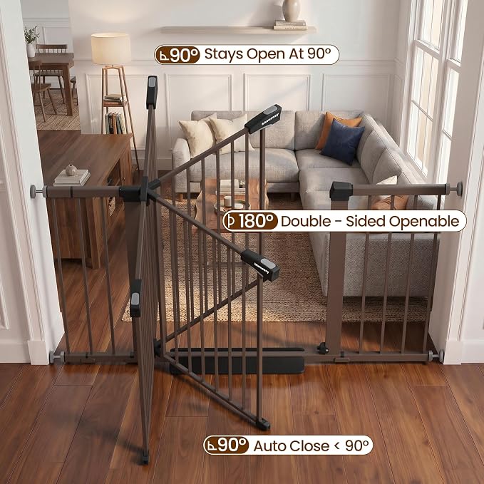 Mumeasy 29.7–51 Inch Extra Wide Baby Gate for Stairs, Extra Long Indoor Dog Gate for Doorways, Pressure Mounted Walk Thru Child Gate with Auto-Close, No-Drill Safety Pet Gate with Door for House,Brown