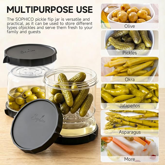 SOPHICO Pickle and Olives Jar Container with Strainer Flip, Leak-proof Juice Separator Hourglass Food Saver Storage Container (Transparent Black)