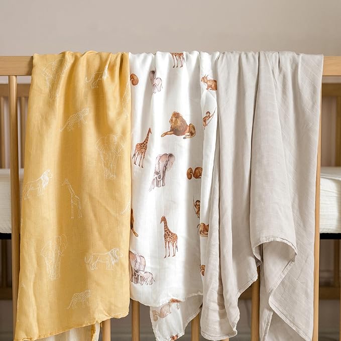 hahaland Muslin Swaddle Blankets Bamboo - 3-Pack, 1 Large (47" x 47") & 2 Standard (38" x 40") Breathable Silky Soft Receiving Blankets Swaddles for Newborns Newborn Essentials, Gold