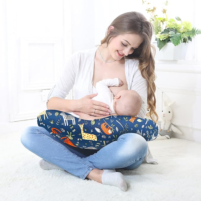LAT Nursing Pillow for Breastfeeding,100% Cotton Removable Cover,Ergonomic Breast Feeding Pillows for Mom and Baby,Machine Washable(Blue Zoo)