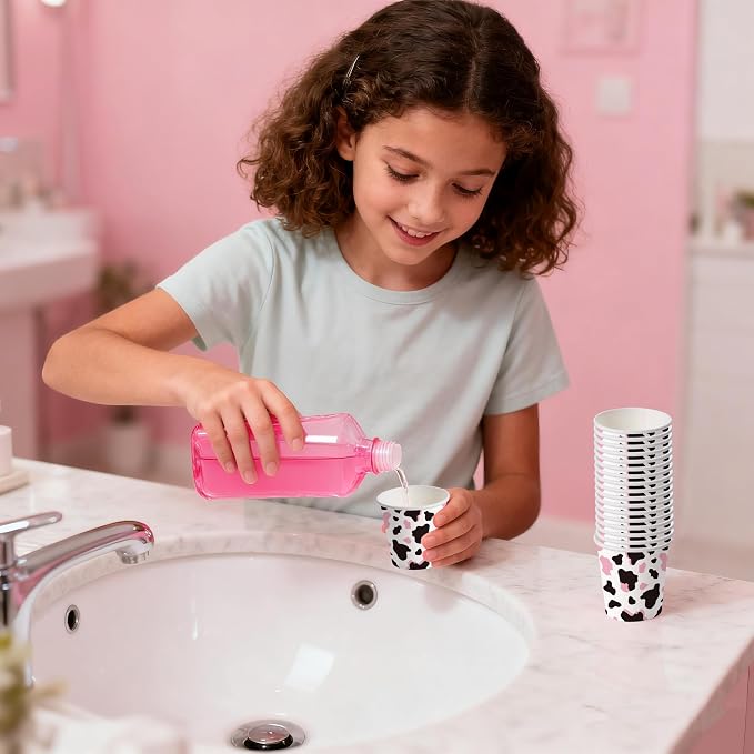WRAPAHOLIC 3oz Paper Cups - 100 Pack Disposable Bathroom Cups with Pink Cow Design, Small Mouthwash Cup for Toothbrush Rinse, Home Bathroom, Picnic, BBQ, Travel and Party