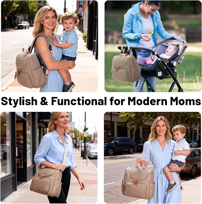 Minsong Diaper Bag Backpack, Small Diaper Backpack for Mom with Changing Station, Stylish Vegan Leather Travel Diaper Nappy Bags (Khaki)