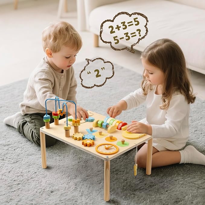 Activity Table for 1 Year Old, 8 in 1 Macaron-Colored Montessori Toys, Baby Activity Table with Bead Maze & Shape Sorter, Educational Sensory Table for Girls Boys 12+ Months