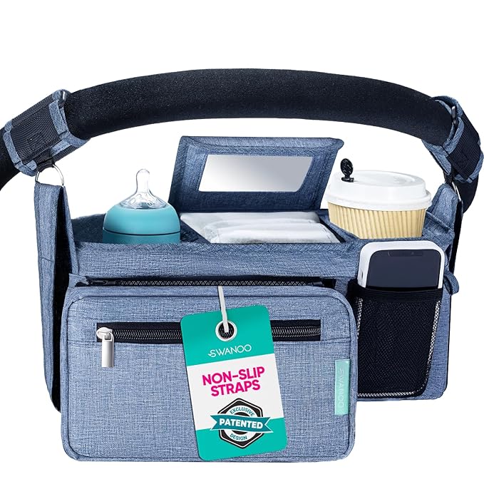 Swanoo Stroller Caddy Organizer With Cup Holder, Non-Slip Straps, Bag for Phone, Pet Accessories, Universal Fits Uppababby Vista v2 Wonderfold Wagon, Doona and More