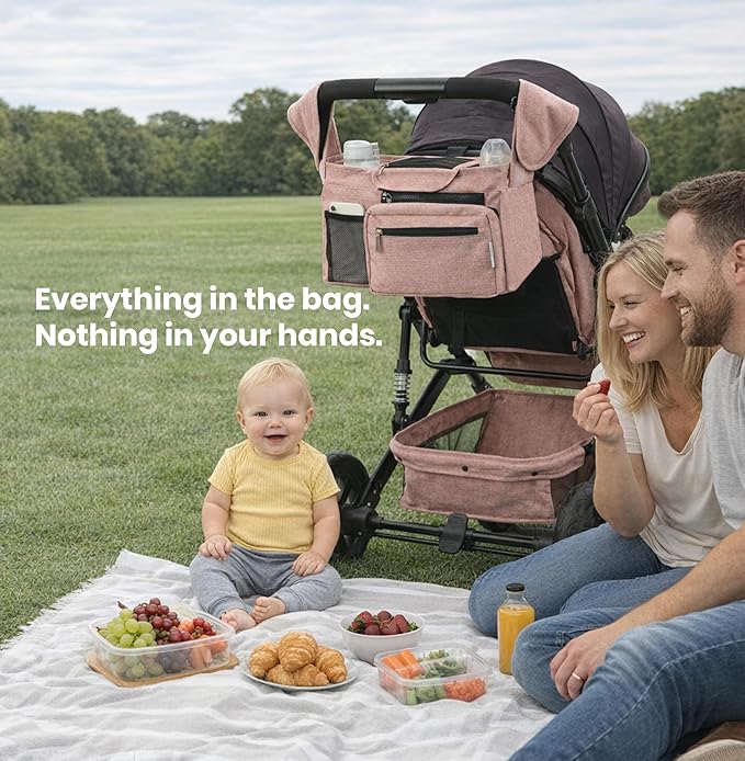 Pink Universal Stroller Organizer with 2 Insulated Cup Holders, 3-in-1 Stroller Caddy with Detachable Phone Bag & Non-Slip Shoulder Strap, Fits Uppababy, Nuna, Doona, Baby Essentials