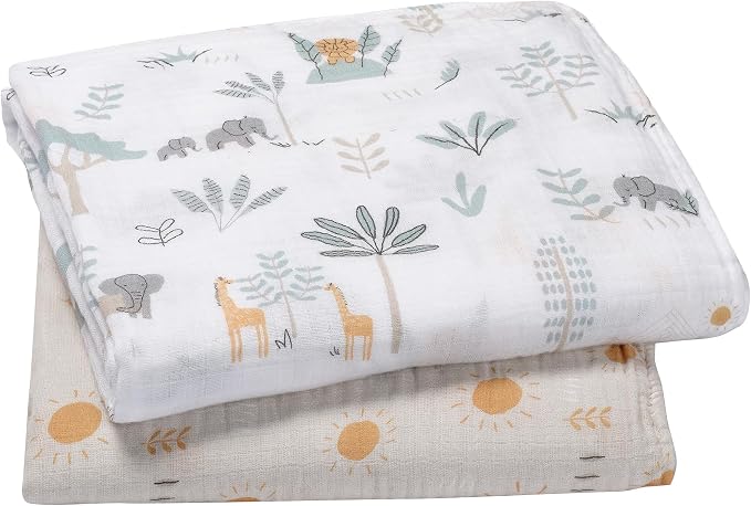 Lambs & Ivy Jungle Adventure 2-Pack Cotton Muslin Newborn Baby Swaddle Blankets