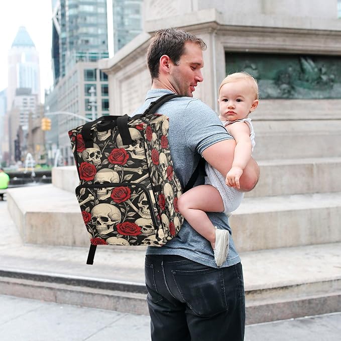 Skull Bones Roses Diaper Bag Insul Pockets Large Cap Mom Dad