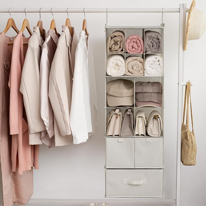 GRANNY SAYS Hanging Closet Organizer with Drawers, 6 Shelf Dividers Closet Hanging Organizer, Portable Foldable Hanging Shelves for Closet, Dorm Room, Bedroom, Kids Room, Beige
