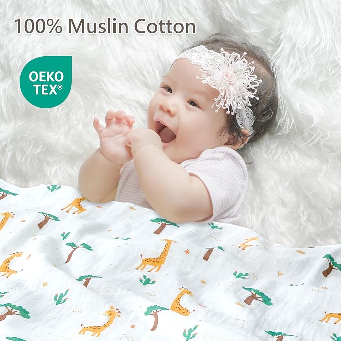 4-Pack Muslin Swaddle Blankets 47x47-100% Cotton Breathable Receiving Blankets for Newborn Baby, Soft Swaddling Wraps, Joyful Jungle Friends
