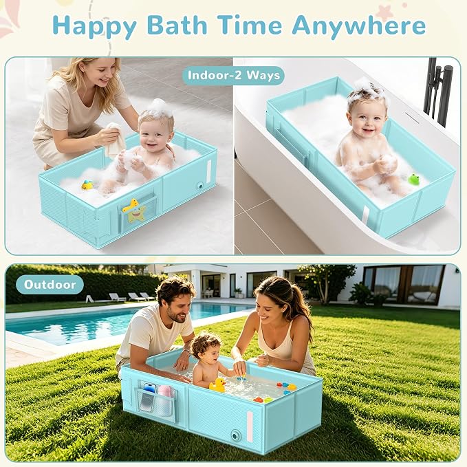 Collapsible Baby Bathtub, Foldable Toddler Bath Tub with Chick Pattern Bath Rinse Cup, No Assembly Portable Travel Bathtub for 6M-5Y, Ideal for Shower, Travel Essentials & Baby Registry Gift