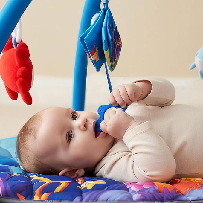 Yeeeasy Ocean Theme Baby Play Gym Mat, Tummy Time Activity Mat with 5 Detachable Marine Toys, Sensory & Motor Skill Development for 0 3 6 9 12 Month Baby and Newborns, Vibrant Deep Blue