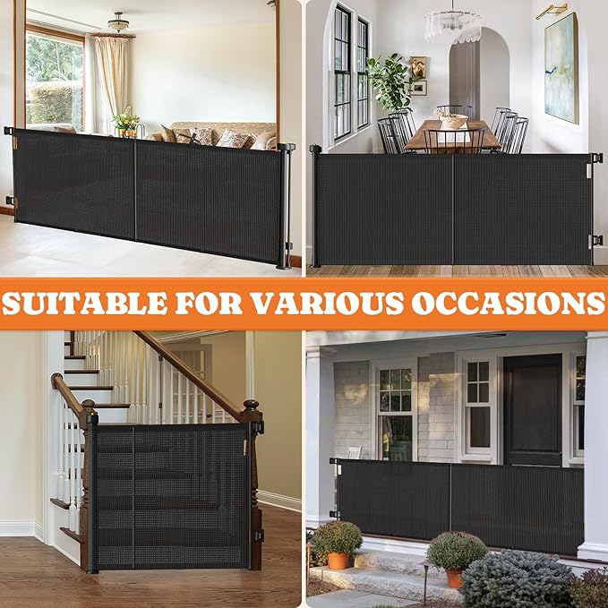 Upgrade Retractable Baby Gates, 35" Tall Extends up to 60" Wide, Mesh Dog Gate Indoor for Stairs, Outdoor Reinforced Pet Gate with Support Rods for Doorways Hallways Kitchen Bedroom, Black
