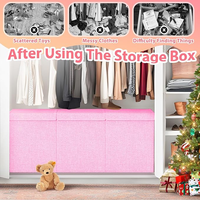 Extra Large Toy Storage Box with Lid Divider, Sturdy Collapsible Toys Organizer Chest Kids Storage Bins Boxes Baskets for Boys, Girls, Nursery, Bedroom, Living Room, Playroom, 40"x14"x16", Pink