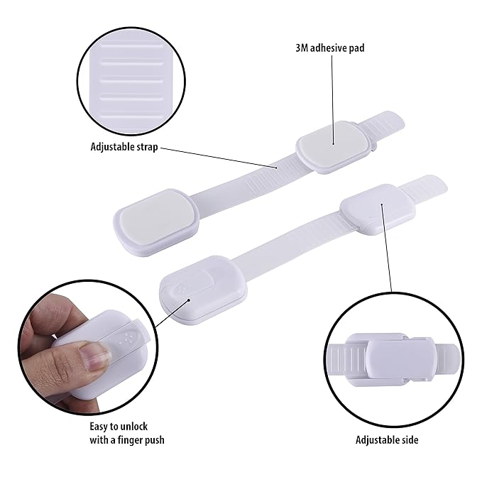 Child Safety Cabinet Locks (10 Pack) – Adjustable Baby Proofing Strap Latches with Strong 3M Adhesive – No Drill Childproof Locks for Drawers, Cabinets, Fridge, Door, Closet, White