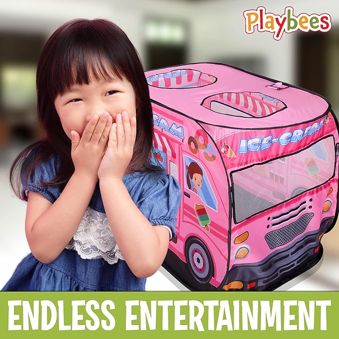 Playbees Musical Ice Cream Truck Pop Up Play Tent with 3 Openings - Tent for Toddlers - Indoor & Outdoor - Pop Up Tents for Kids - Includes Carry Bag and Sound Button- 43.5x28x26.5 Inch