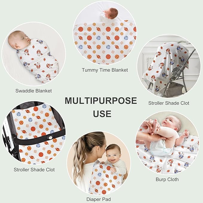 Muslin Swaddle Blankets for Newborn, 2 Pack Large 47"x47" Soft Breathable Bamboo Cotton Baby Blanket, Lightweight Receiving Blanket for Boys and Girls, Ball Games