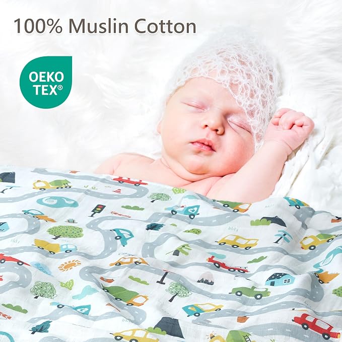 2-Pack Muslin Swaddle Blankets 47x47-100% Cotton Breathable Receiving Blankets for Newborn Baby, Soft Swaddling Wraps, Build & Drive