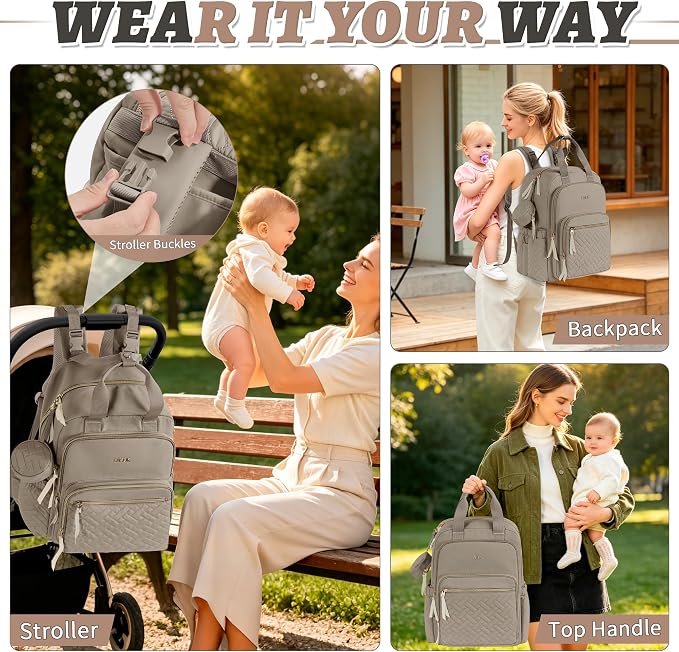 Diaper Bag Backpack, 27L Large Quilted Small Baby Bag with Changing Pad & Pacifier Case, Stroller Hooks, Easy-Access Baby Essential, Maternity Travel Backpack Unisex, Brown