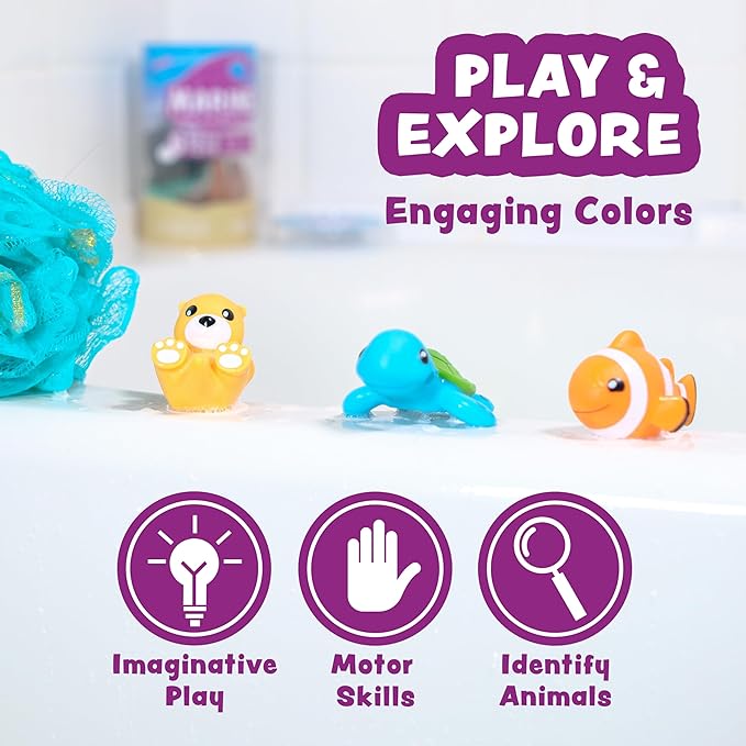 Tub Works® Marine??Mold Free Bath Toys, 6 Pack | Sealed, No Hole Bath Toys Design Keeps Moisture Out | Soft, Squeezable & Float on Water | Easy-Grip Baby & Toddler Bath Toy Set | Great Baby Pool Toys