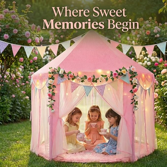 Orian Princess Tent for Girls - Kids Play Tent Indoor & Outdoor with Rug, Pink Toddler Castle Playhouse for Ages 2-7, 55??x 53?? Children?™s Toys and Gifts