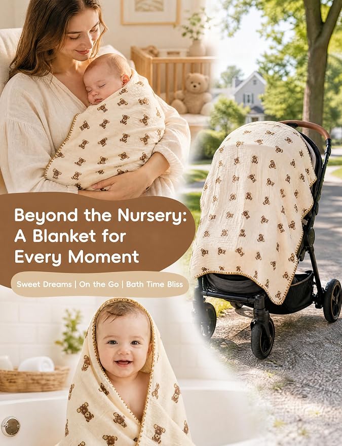 Baby Blanket 40x40 Inches,Muslin Cotton and Minky Dotted Double Layer Soft Receiving Blanket for Newborn Toddler,Cuddle Bear