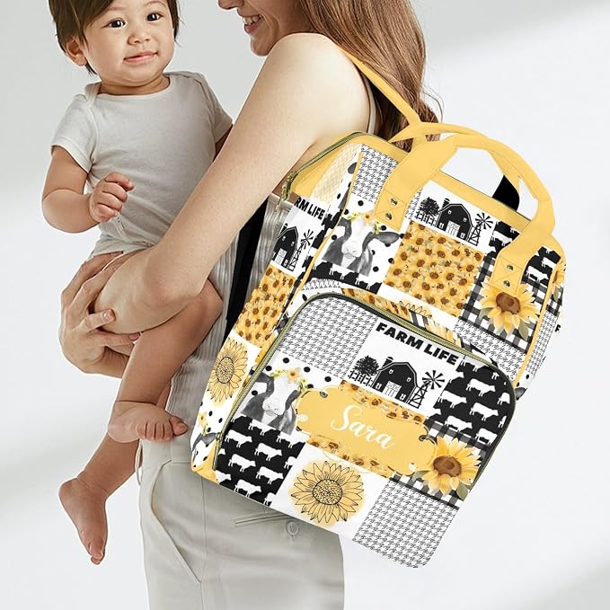 Custom Diaper Bag for Baby Customized Sunflower Cow Baby Bag Personalized Nursing Bags with Name Custom Name Mommy Daypack Bag Tote Bag Gifts