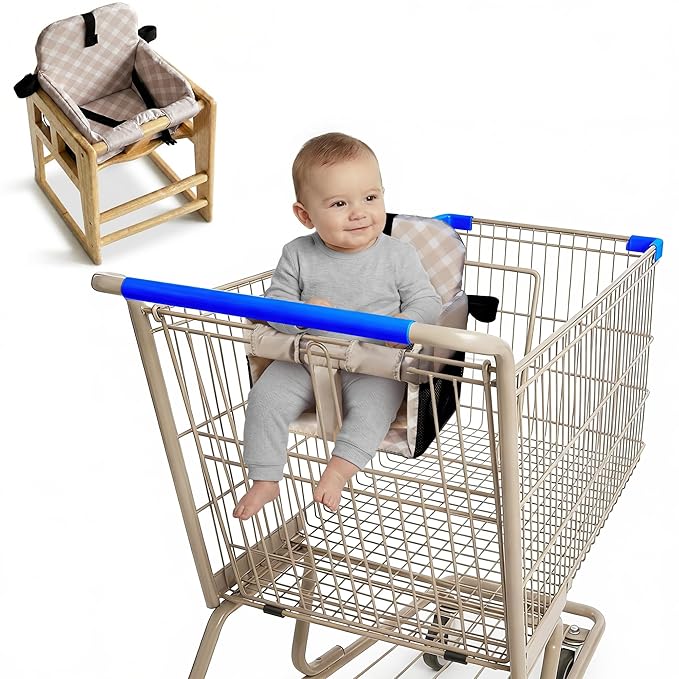 Shopping Cart Seat Cover for Baby, High Chair & Grocery Seat Protector, Padded Chair Covers for Restaurant Seats, Unisex Machine Washable Grocery Cart Liner & Swing Insert ??Beige Checkered