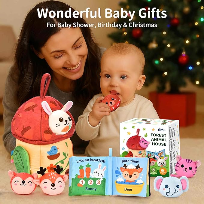 Montessori Toys for 1 Year Old & 6–12 Months Babies, Sensory Developmental Playset with Acorn House, Plush Animals & Cloth Book, Valentines Day Gifts, Easter Basket Stuffers