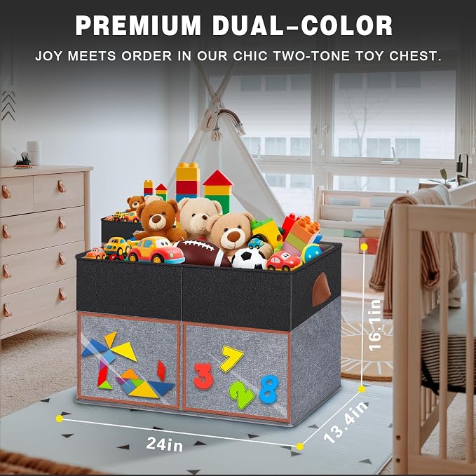 2 Pack Large Toy Storage Box with Clear Lids Collapsible Toy Organizer Chest with Adjustable Dividers Kids Storage Bin Basket for Boys Girls Living Room Nursery Playroom Closet Black and Grey