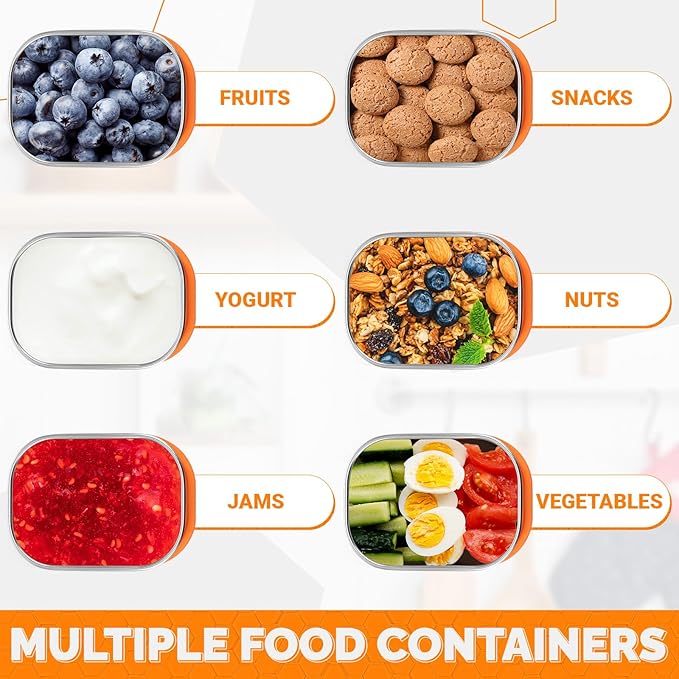 Hsei 6 Pcs Stainless Steel Snack Containers, 8oz Food Containers with Silicone Lids Portable Reusable Metal Lunch Box for Daycare and Storage(Orange)
