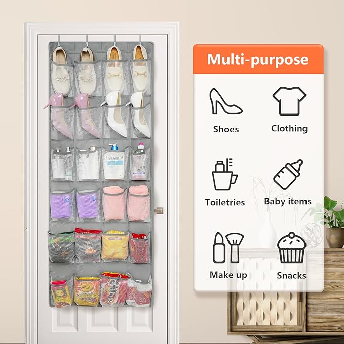 FENTEC 2 Pack Over the Door Shoe Organizer Hanging Shoe Organizer for Closet, Space Saving Mesh Large Pocket Shoe Storage and Organizer with 24 Packets, Shoe Holder for Apartments Garages, Gray