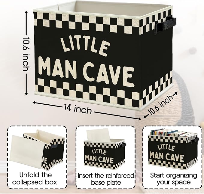 Little Man Cave Boys Storage Bins Box with Handles, Black White Checkered Collapsible Basket Organizer for Kids Boys Playroom Nursery Room Bedroom Bathroom Toys Books Clothes