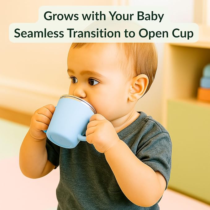 Stainless Steel Straw Cup for Toddlers 1-3, 6oz | Spill & Leak Proof Transition Cup, Sippy Cup Alternative | Clear Bendy Straw with Valve & 2 Handles | Baby Led Weaning | Dishwasher Safe