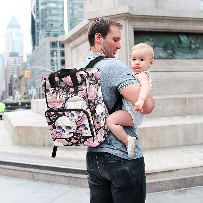 Personalized Skull Light Pink Peonies Diaper Bag Insul Large Cap Mom Dad