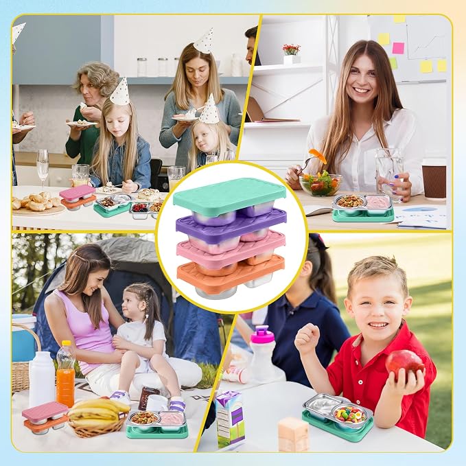2 Pack Stainless Steel Snack Containers, 2 Compartment Snack Container with Silicone Lids, Easy Open Leak Proof Reusable Metal Toddler Snack Containers for Daycare (Orange, pink)