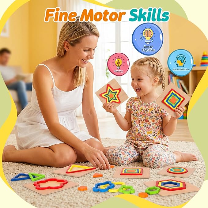 Toddler Puzzles Montessori Toy Wooden Shape Sorting Puzzle Sensory Toy Toddler Activities Preschool Learning Educational Autistic Developmental 1 2 3 Year Old Girl Boy 1-3 Dementia Game Easter Gift