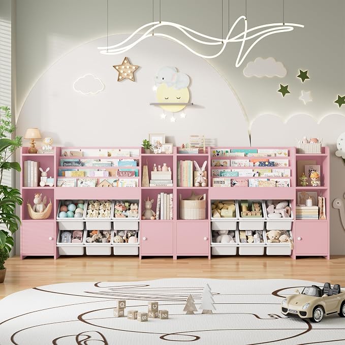 FINETONES Toy Storage Organizer with 6 Toy Bins, Toy Organizer Kids Bookshelf with 6 Cubbies, Toy Organizers and Storage Bins, Playroom Storage and Toy Chest, Pink
