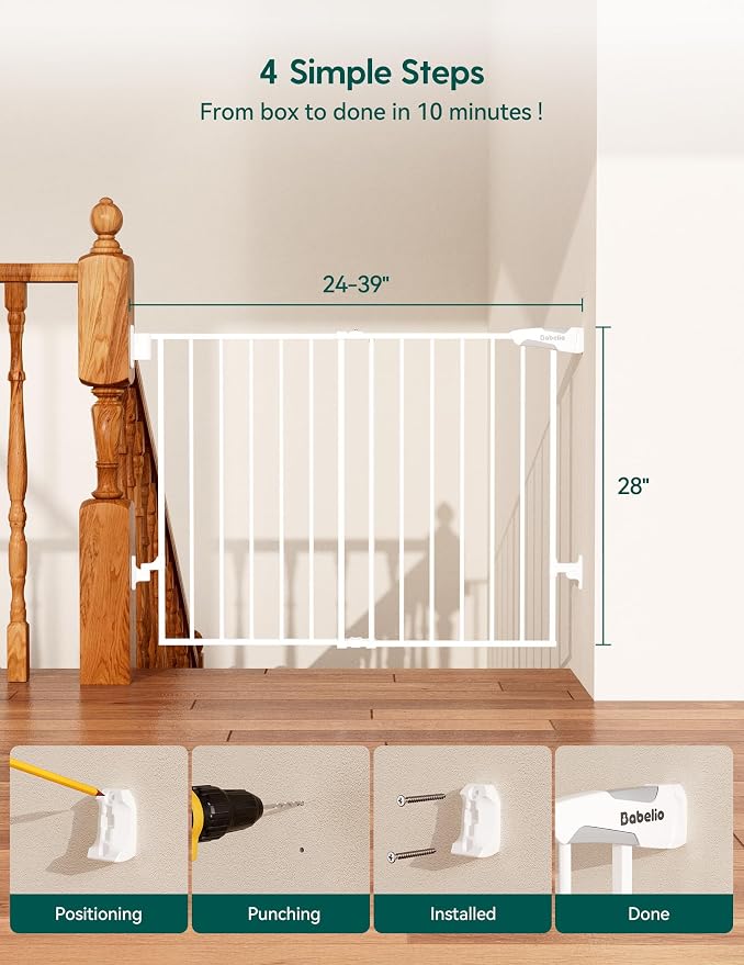 Babelio Baby Gate for Stairs, Kitchen & Doorways, No Bottom Bar| Easy Installation| One-Handed Operation| Auto-Close| Hardware Mount (Drill Needed) Safety Dog Gate (White - B17, 24-39" W, 28" H)