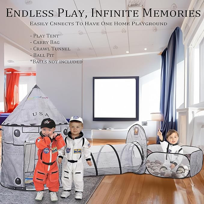 LimitlessFunN 4pc Space Rocket Ship Kids Pop Up Play Tent, Crawl Tunnel, Ball Pit | Includes Star Lights & Carrying Case |, Children Indoor Castle Playhouse for Boys, Toddlers, 47" D x 126" W x 53" H