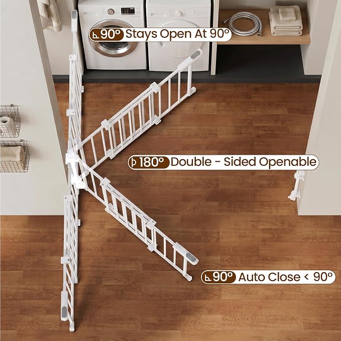 Mumeasy 36" Tall Baby Gate for Stairs, 29.5-43.3" Expandable Hardware Mounted (Drill Needed), Removable No Bottom Bar Dog Gate, Auto Close Wide Walk Thru Safety Gate for Doorways, Pets& Toddlers,White