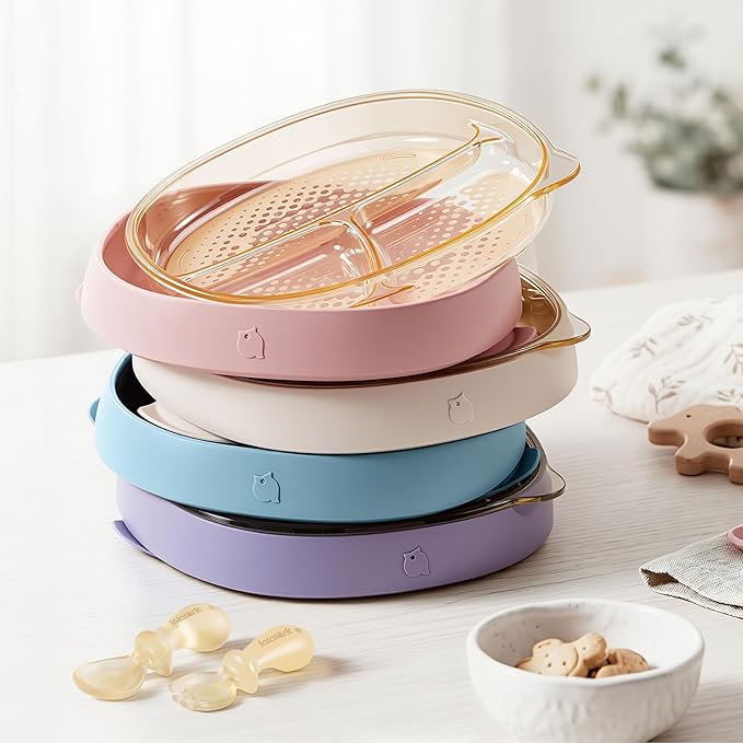 3-in-1 PPSU Baby Suction Plates with Spoon & Fork - Premium Bottle-Grade Silicone Divided Dishes, Stage-Based Self-Feeding Dinnerware 6M-3Y, BPA Free Odor & Stain Resistant, Microwave Dishwasher Safe