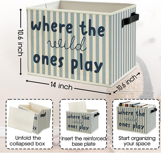Blue Stripe Boho Classroom Storage Bins Box with Handles, Where the Wild Ones Play Collapsible Basket Organizer for Kids Playroom Nursery Bedroom Bathroom Toys Books Clothes