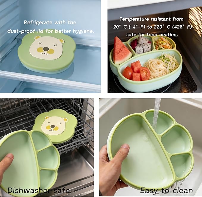 dwoo Baby Silicone Suction Plates for Toddler, Divided Self-Feeding Plate Set with 316 Stainless Steel Spoon & Fork, Dust Cover & Straw, Baby Led Weaning Supplies (Lion Design)
